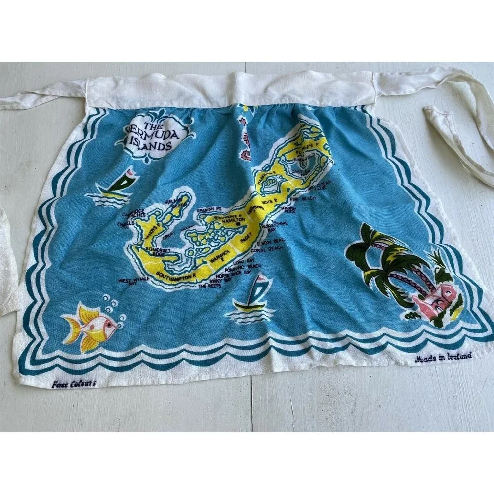 Vintage Irish Linen Apron and Towel Bermuda Map Made in Ireland Blue Tropical
